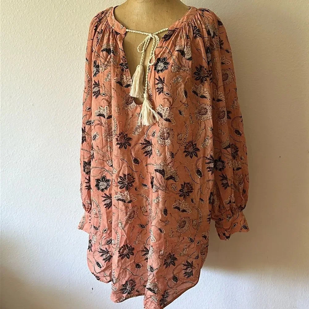 Ulla Johnson sz L (could also fit XL) Indian style print blouse peach black VGUC - Picture 2 of 8